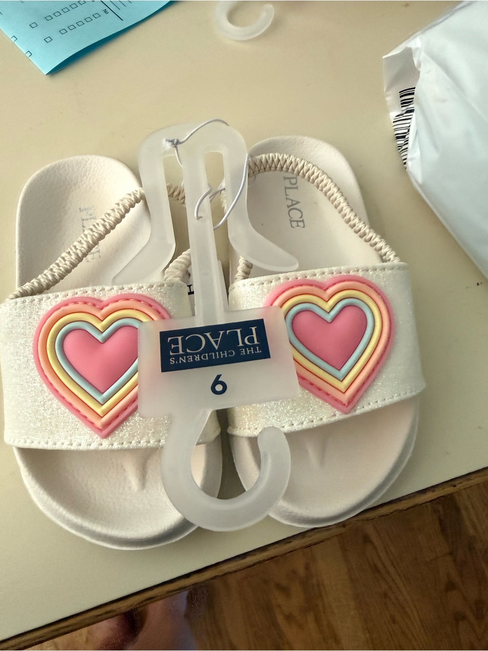 Place White Girls' Slide Sandals with Pastel Multi-Color Heart Accent